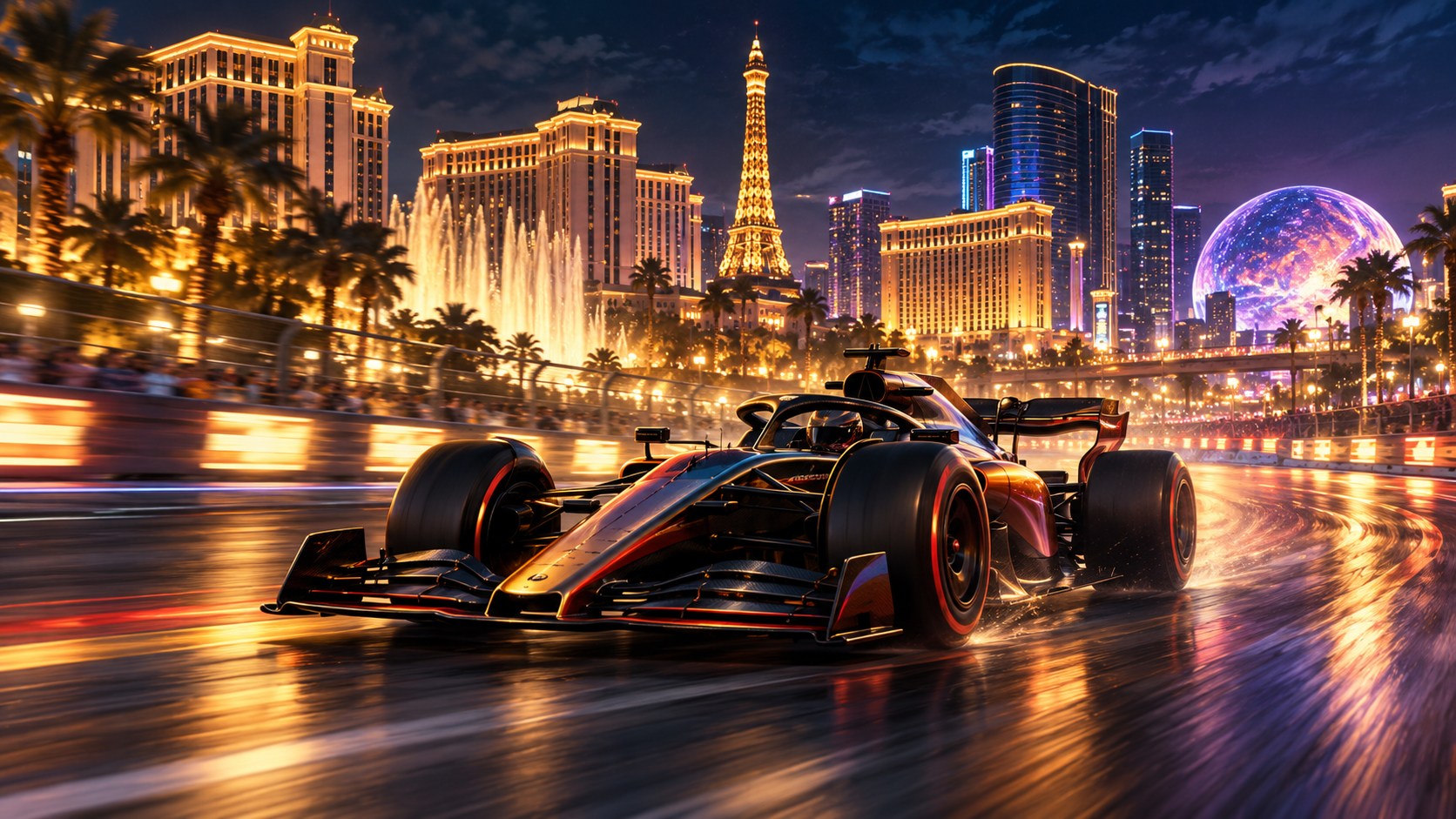 Koncepcyjna ilustracja AI: samochód wyścigowy na ulicy nocnego Las Vegas.